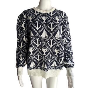 Vintage Lands End Anchor Sailboat Sweater USA Knit 100% Cotton Men's M
